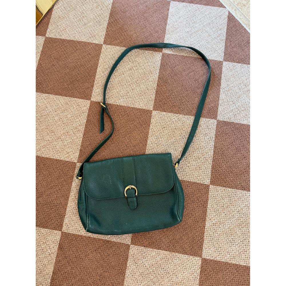 Liz Claiborne Vintage Green Pebbled Leather Crossbody Bag Gold Buckle Flap